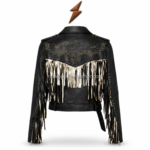 NGL Black Fringe Jacket back view with studded eagle and gold fringe by NEW GENUINE LEATHER