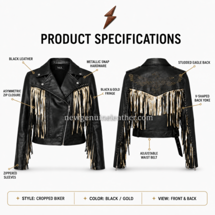 NGL Black Fringe Jacket specifications with front and back views by NEW GENUINE LEATHER