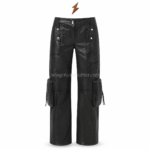 NGL Black leather cargo pants front view with wide legs, silver snaps, thigh zipper and two oversized knee pouches