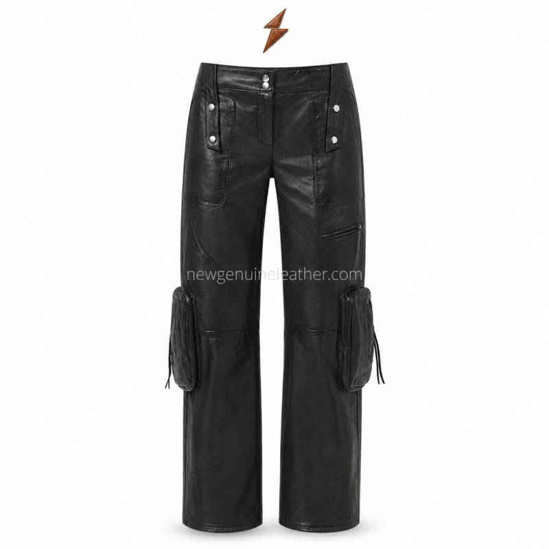 NGL Black leather cargo pants front view with wide legs, silver snaps, thigh zipper and two oversized knee pouches