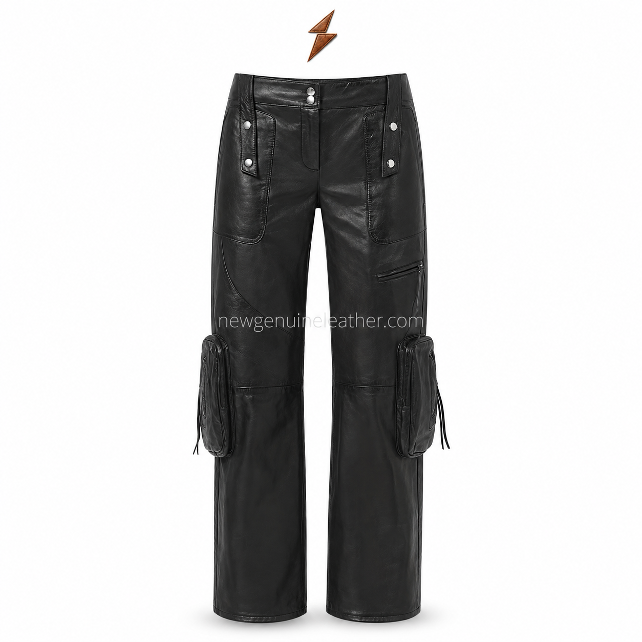 ngl-black-leather-cargo-pants-front-view NGL Black leather cargo pants front view with wide legs, silver snaps, thigh zipper and two oversized knee pouches