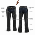 NGL Black Leather Chaps front view with dark-blue denim center, buckle belt, zippered pocket and stitched knee panels