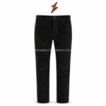 NGL Black Leather Pants front view with black button, curved pockets, belt loops, and stitched knee panels