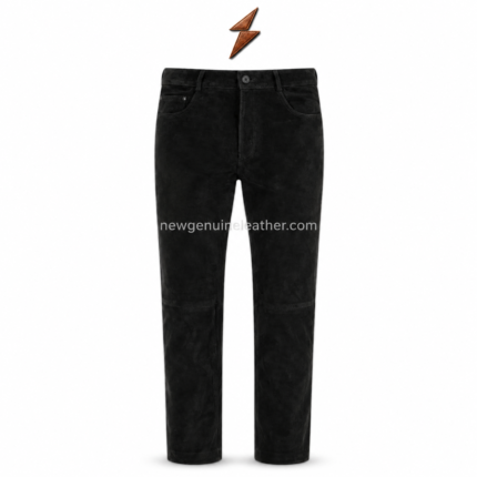 NGL Black Leather Pants front view with black button, curved pockets, belt loops, and stitched knee panels