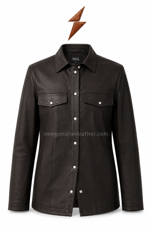 NGL Black Leather Shirt Jacket front view with silver snaps, pointed collar and two flap pockets by NEW GENUINE LEATHER