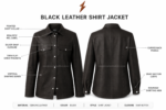 NGL Black Leather Shirt Jacket specification image showing front and back construction by NEW GENUINE LEATHER