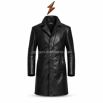 NGL black leather trench coat front view with smooth panels, broad lapels, angled pockets and collar logo