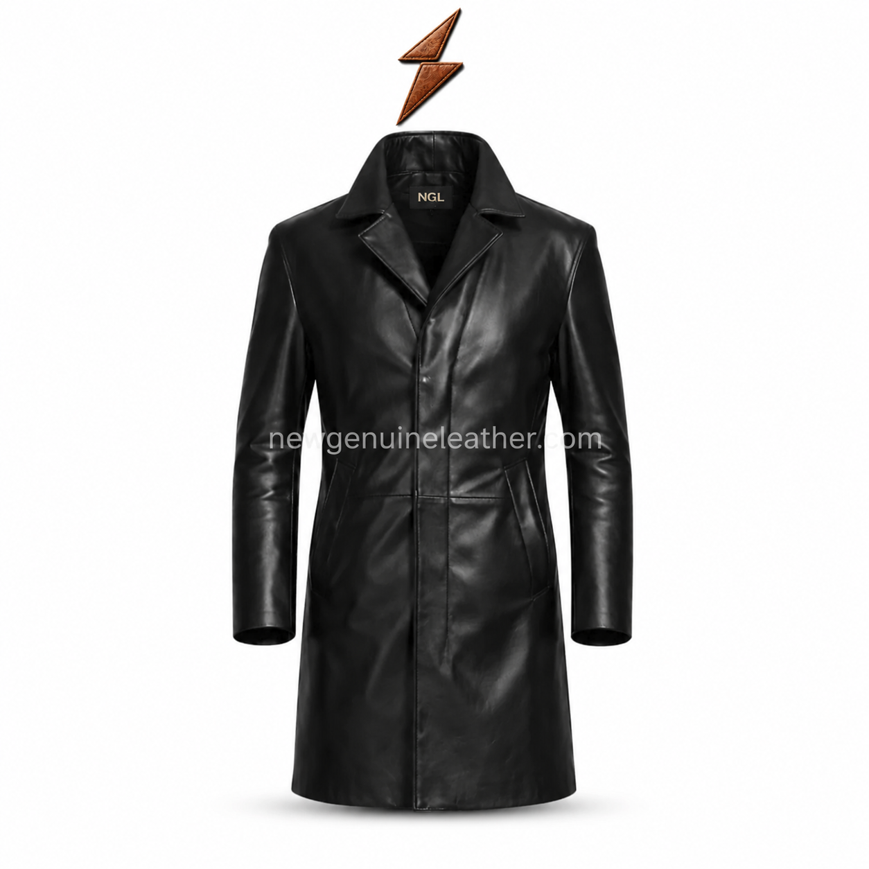 ngl-black-leather-trench-coat-front-view NGL black leather trench coat front view with smooth panels, broad lapels, angled pockets and collar logo