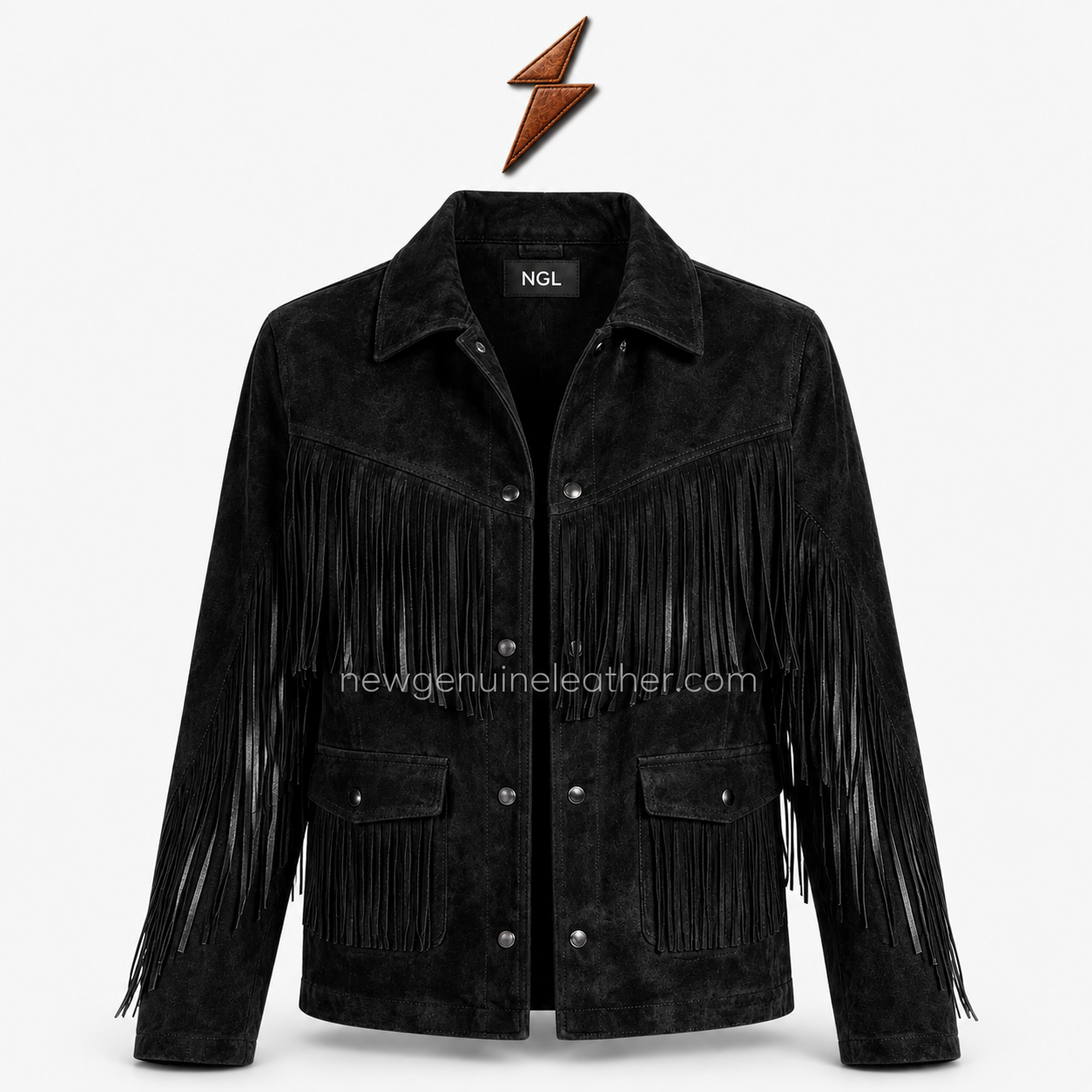 ngl-black-suede-jacket-front-view NGL black suede jacket front view with matte finish and tailored stitched panels