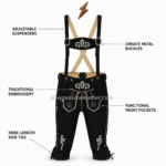 NGL black knee-length Bavarian shorts with cream embroidered pocket panels