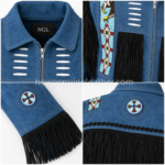 NEW GENUINE LEATHER Fringe Jacket sleeve with circular ornament, contrast stitching and cuff tassels
