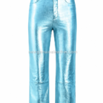 NGL Blue leather pants front view with metallic aqua finish, two buttons and wide legs by NEW GENUINE LEATHER