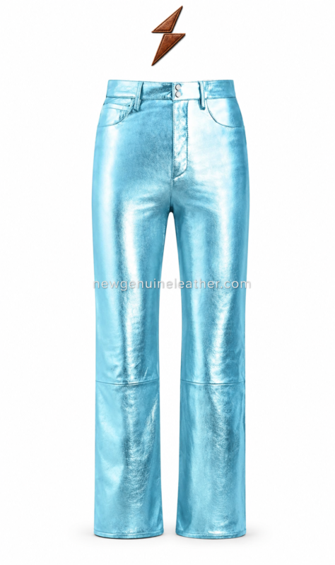 NGL Blue leather pants front view with metallic aqua finish, two buttons and wide legs by NEW GENUINE LEATHER