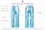 NGL Blue leather pants specification image showing metallic finish, wide legs and knee seams by NEW GENUINE LEATHER