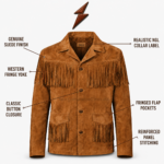 NGL fringe leather jacket Canada showing embossed brown leather panels and metallic front buttons