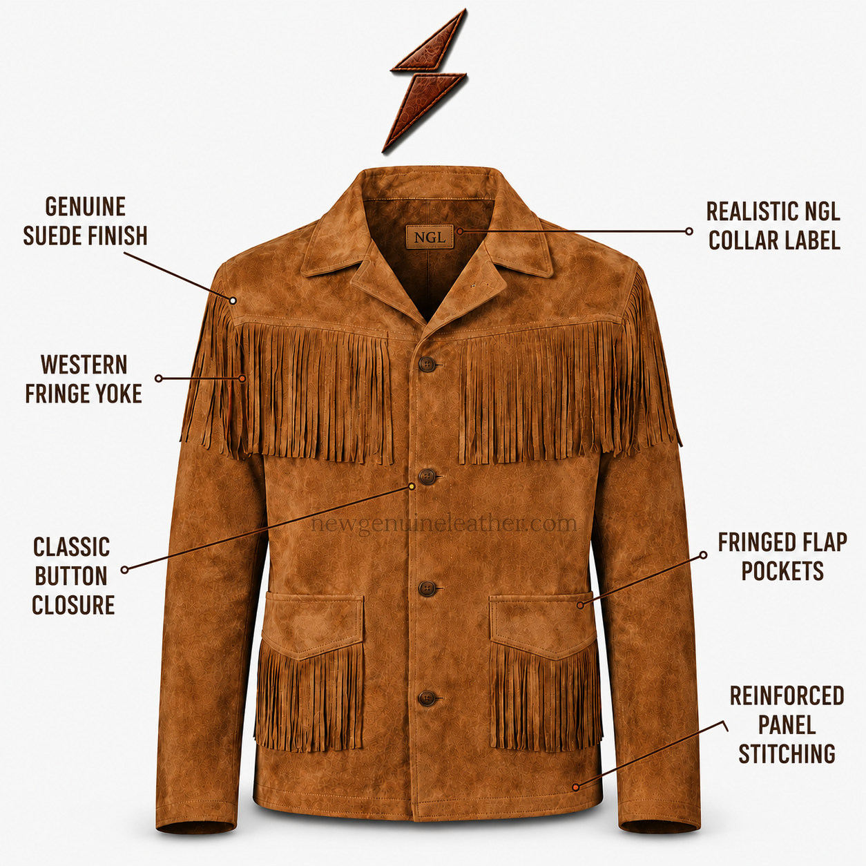 ngl-brown-leather-jacket-embossed-panel-detail NGL fringe leather jacket Canada showing embossed brown leather panels and metallic front buttons