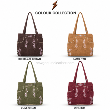 NGL Lederhosen bag in warm brown with cream floral embroidery, tan trim and symmetrical front panels