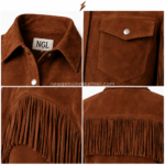 NGL Brown Suede Fringe Jacket front view with pointed collar, flap pockets, silver snaps, and sleeve fringe