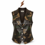 NGL Camo leather vest front view with green-brown panels, ivory buttons and welt pockets by NEW GENUINE LEATHER