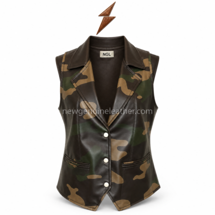 NGL Camo leather vest front view with green-brown panels, ivory buttons and welt pockets by NEW GENUINE LEATHER