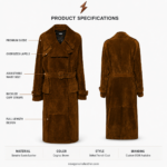 NGL New Genuine Leather cognac suede coat specification image showing front, back, belt, lapels and full-length design