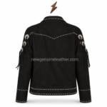 NGL concho leather jacket back view with black Western yoke, silver studs, shoulder fringe, and NEW GENUINE LEATHER design