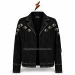 NGL concho leather jacket front view with ten silver conchos, black fringe, studded lapels, and NEW GENUINE LEATHER collar label