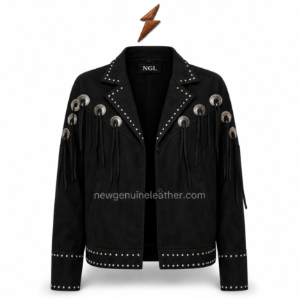 NGL concho leather jacket front view with ten silver conchos, black fringe, studded lapels, and NEW GENUINE LEATHER collar label