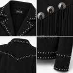NGL concho leather jacket lapel close-up with silver studs, tonal stitching, black surface texture, and NEW GENUINE LEATHER branding