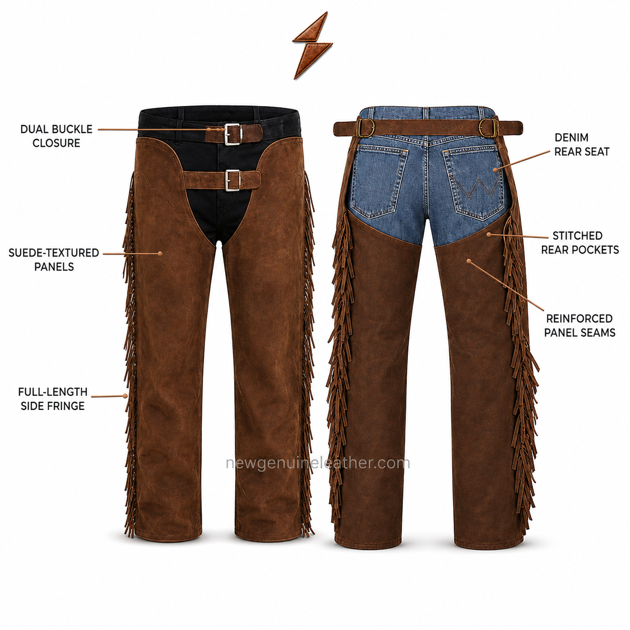 ngl-cowboy-chaps-double-buckle-detail NGL Cowboy Chaps close-up with two silver buckles, brown straps, black insert and curved seams