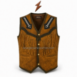 NEW GENUINE LEATHER Cowboy Vest detail showing brown braided trim, reinforced stitching and long-cut leather fringe