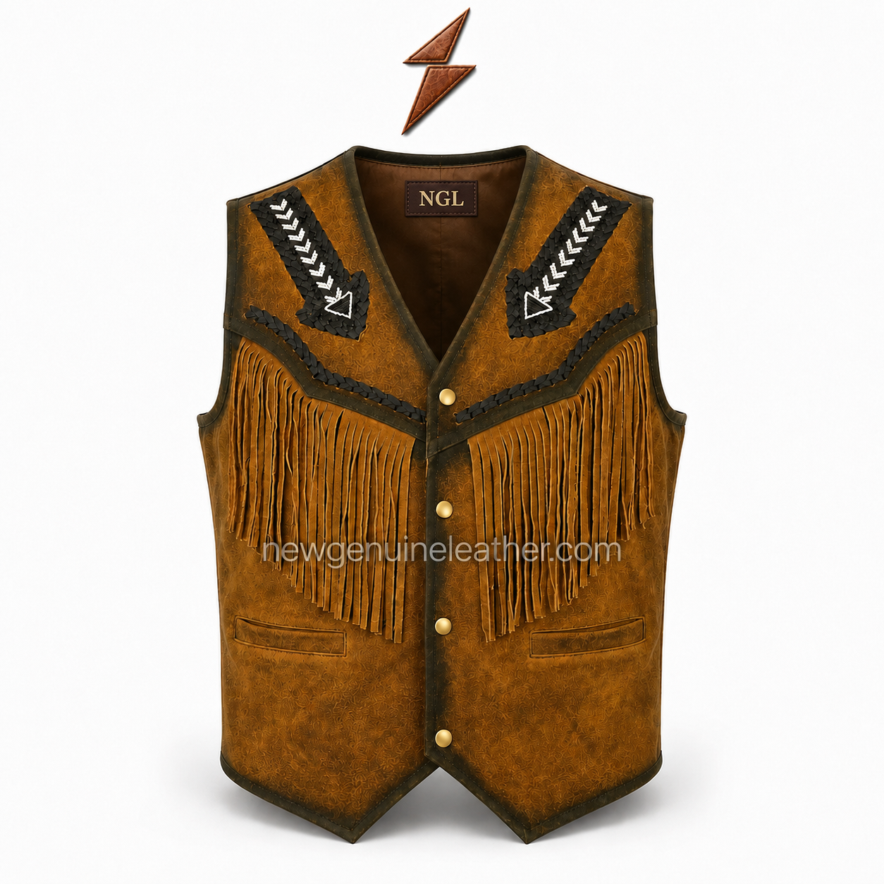 ngl-cowboy-vest-brown-fringe-front NEW GENUINE LEATHER Cowboy Vest detail showing brown braided trim, reinforced stitching and long-cut leather fringe