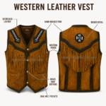 NEW GENUINE LEATHER Cowboy Vest back view with circular beaded emblem, braided trim and long shoulder fringe