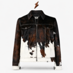 NGL cowhide jacket collar close-up with realistic woven logo label, metal zipper and brown hair-on leather