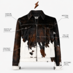 NGL cowhide jacket front view with brown, black and white hair-on panels, western yoke, zipper and flap pockets