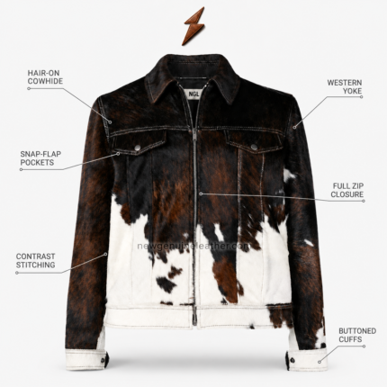 NGL cowhide jacket front view with brown, black and white hair-on panels, western yoke, zipper and flap pockets