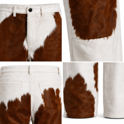 NGL Cowhide Leather Pants front view with brown and white hair-on pattern, knee panels and wide legs