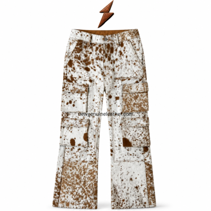 NGL Cowhide Leather Pants front view with brown and white markings, four cargo pockets and wide legs