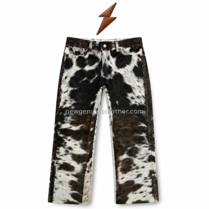 NGL cowhide pants front view with natural black and white pattern, curved pockets, metal rivets, and knee-panel stitching