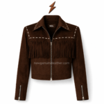 NGL cropped suede jacket in chocolate brown with chest fringe, white stitching and silver zipper