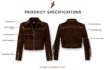 NGL cropped suede jacket specification image showing front zipper, collar, fringe and cuffs