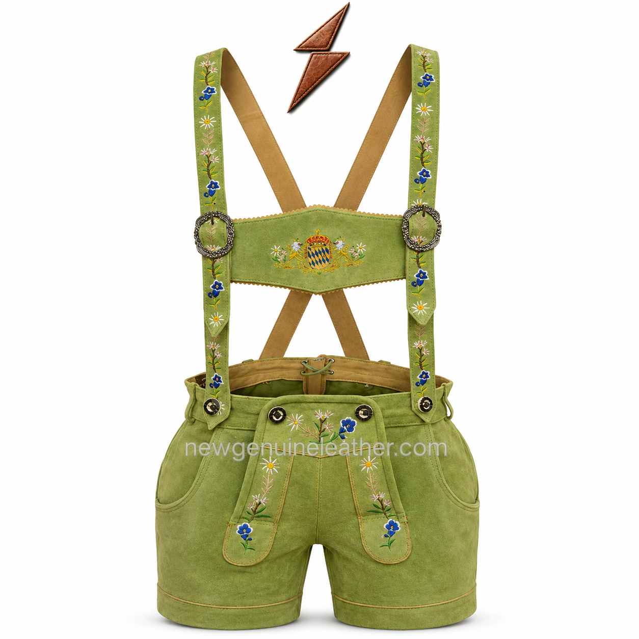 ngl-damen-lederhose-mit-hosentraegern-front NGL Damen-Lederhose mit Hosenträgern in olive green with floral front embroidery by New Genuine Leather