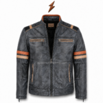 NGL distressed leather jacket in charcoal black with rust and tan sleeve stripes and four front zipper pockets