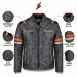 NGL distressed leather jacket shown half zipped with a stand collar, ribbed panels, and striped sleeves