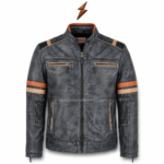 New Genuine Leather distressed leather jacket in an open-zip pose with ribbed shoulders and four zipper pockets