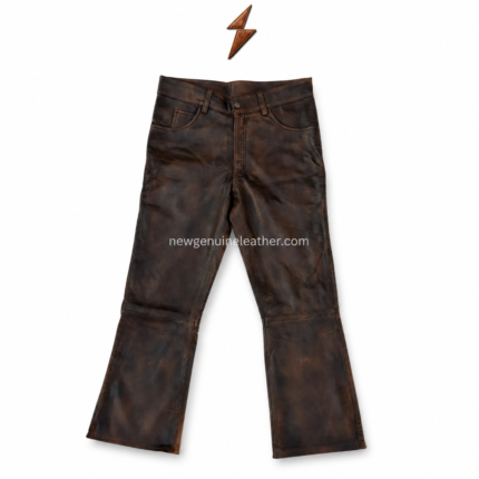 NEW GENUINE LEATHER distressed leather pants rear view with patch pockets, curved yoke, and tonal stitching