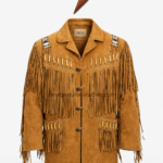 NGL fringe jacket mens tan suede front view with layered tassels, toggle closure, beadwork, and patch pockets