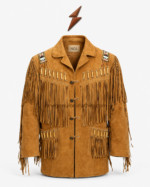 NGL fringe jacket mens tan suede front view with layered tassels, toggle closure, beadwork, and patch pockets