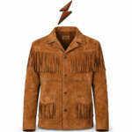 NGL fringe leather jacket Canada with pointed collar, realistic branded label, and brown leather texture