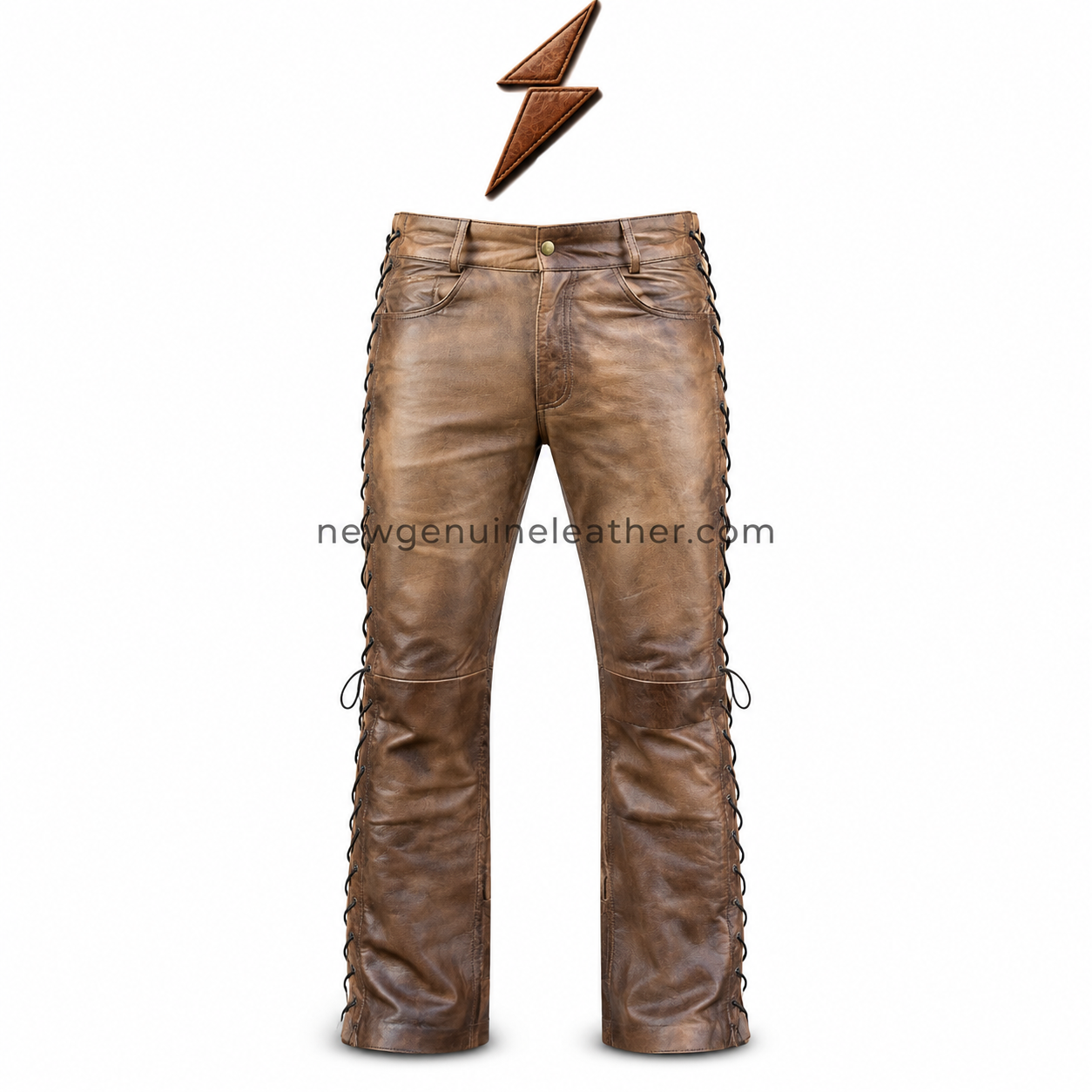 ngl-genuine-leather-biker-pants-brown-front NGL genuine leather biker pants in distressed brown with front pockets and full side lacing